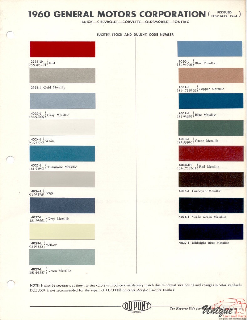 1960 General Motors Paint Charts DuPont 1
